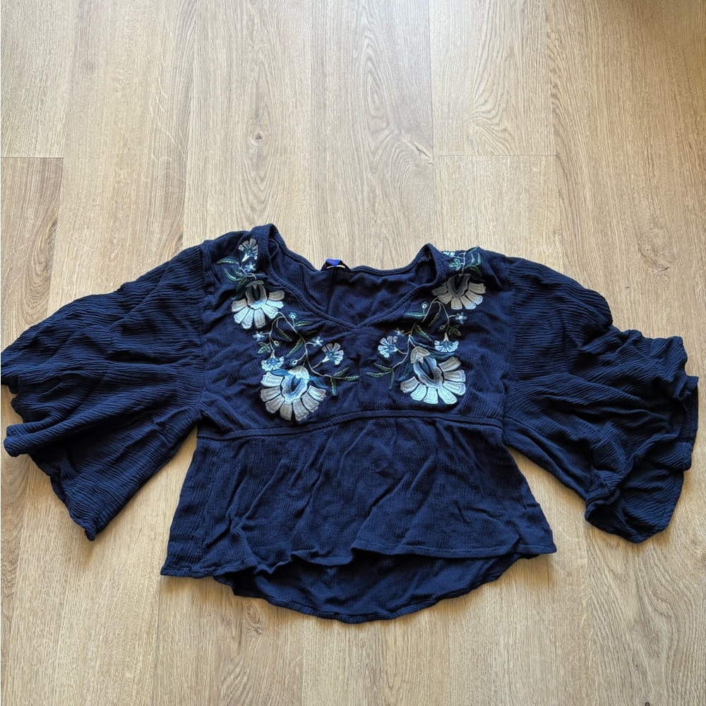 Aeropostale Blue Blouse with Floral Embroidery